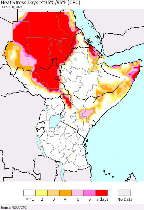 Eastern Africa Heat Stress Days >=35°C/95°F (CPC) Thematic Map For 10/2/2023 - 10/8/2023