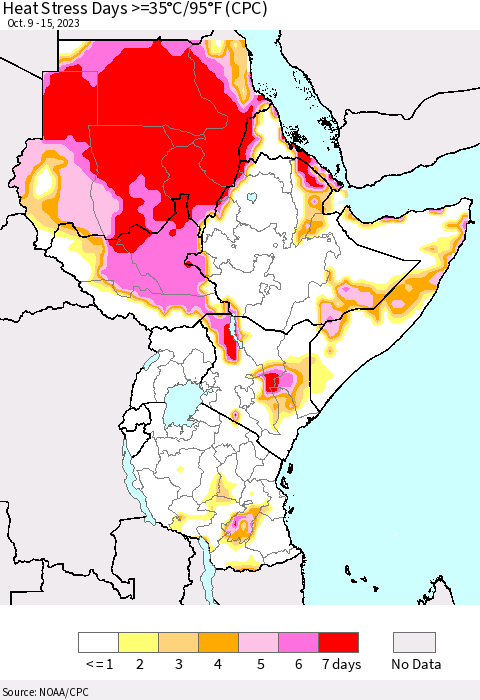 Eastern Africa Heat Stress Days >=35°C/95°F (CPC) Thematic Map For 10/9/2023 - 10/15/2023