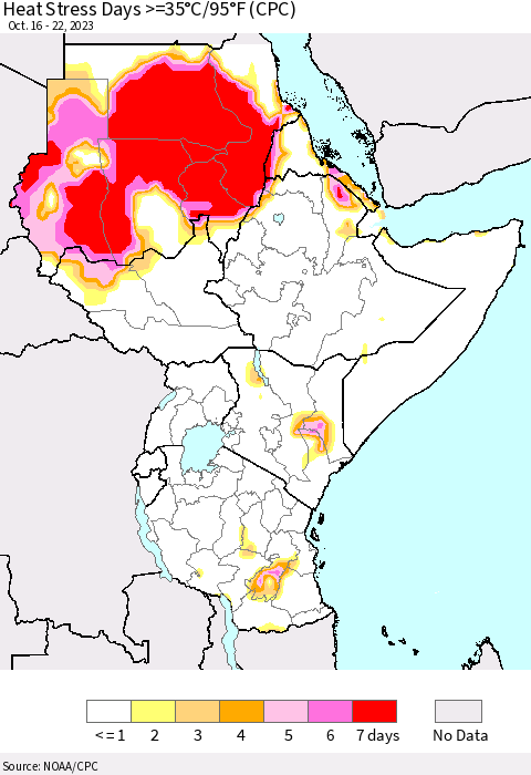Eastern Africa Heat Stress Days >=35°C/95°F (CPC) Thematic Map For 10/16/2023 - 10/22/2023