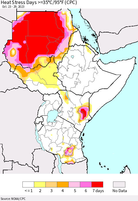 Eastern Africa Heat Stress Days >=35°C/95°F (CPC) Thematic Map For 10/23/2023 - 10/29/2023