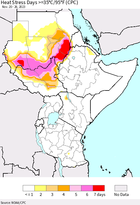 Eastern Africa Heat Stress Days >=35°C/95°F (CPC) Thematic Map For 11/20/2023 - 11/26/2023