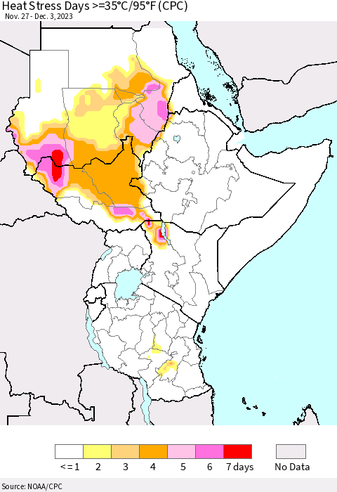 Eastern Africa Heat Stress Days >=35°C/95°F (CPC) Thematic Map For 11/27/2023 - 12/3/2023