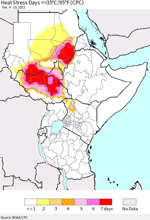 Eastern Africa Heat Stress Days >=35°C/95°F (CPC) Thematic Map For 12/4/2023 - 12/10/2023