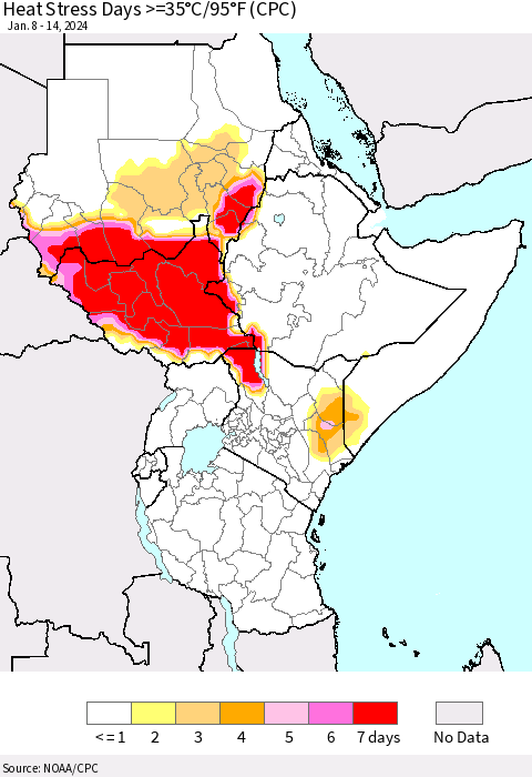 Eastern Africa Heat Stress Days >=35°C/95°F (CPC) Thematic Map For 1/8/2024 - 1/14/2024