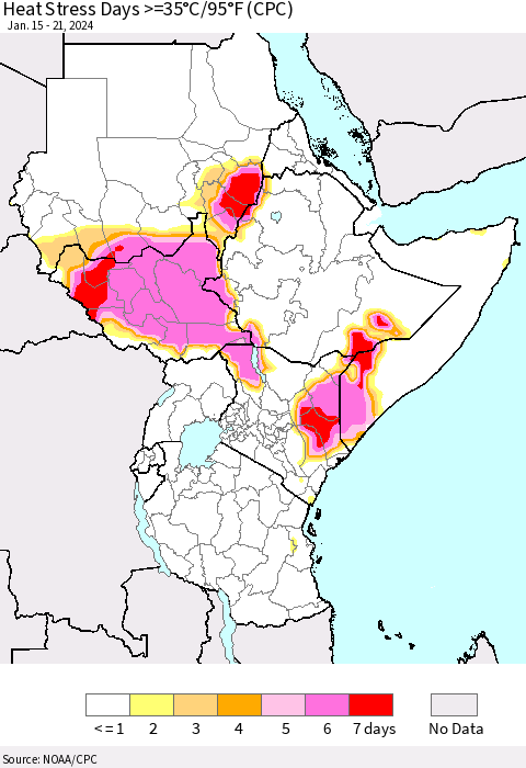 Eastern Africa Heat Stress Days >=35°C/95°F (CPC) Thematic Map For 1/15/2024 - 1/21/2024