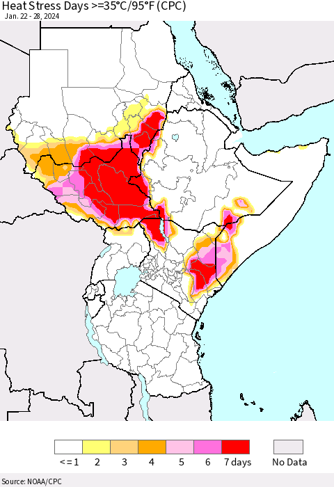 Eastern Africa Heat Stress Days >=35°C/95°F (CPC) Thematic Map For 1/22/2024 - 1/28/2024