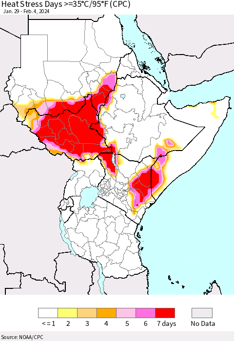 Eastern Africa Heat Stress Days >=35°C/95°F (CPC) Thematic Map For 1/29/2024 - 2/4/2024