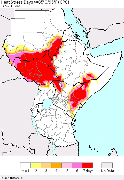 Eastern Africa Heat Stress Days >=35°C/95°F (CPC) Thematic Map For 2/5/2024 - 2/11/2024