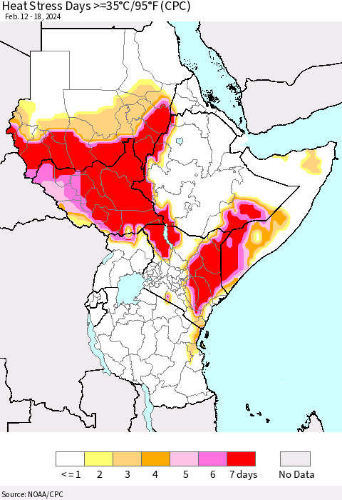Eastern Africa Heat Stress Days >=35°C/95°F (CPC) Thematic Map For 2/12/2024 - 2/18/2024