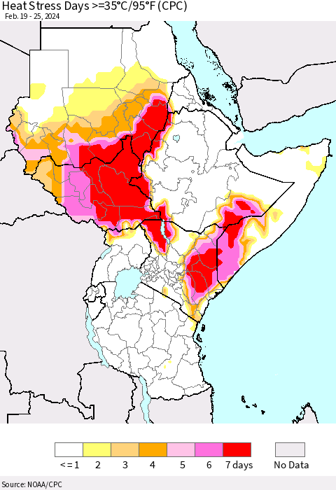 Eastern Africa Heat Stress Days >=35°C/95°F (CPC) Thematic Map For 2/19/2024 - 2/25/2024