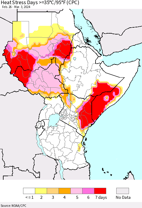 Eastern Africa Heat Stress Days >=35°C/95°F (CPC) Thematic Map For 2/26/2024 - 3/3/2024