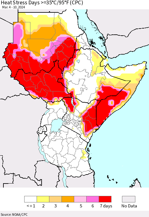 Eastern Africa Heat Stress Days >=35°C/95°F (CPC) Thematic Map For 3/4/2024 - 3/10/2024