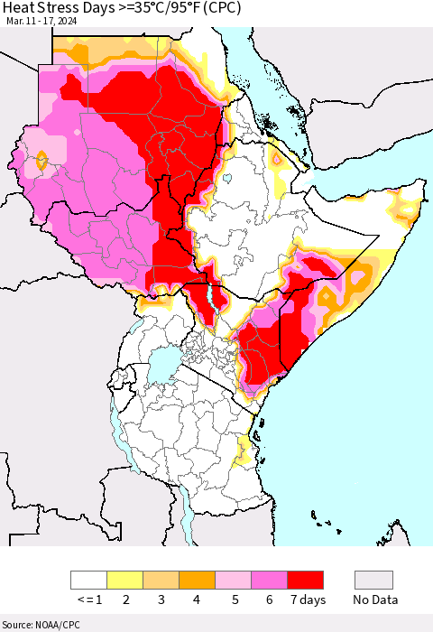 Eastern Africa Heat Stress Days >=35°C/95°F (CPC) Thematic Map For 3/11/2024 - 3/17/2024