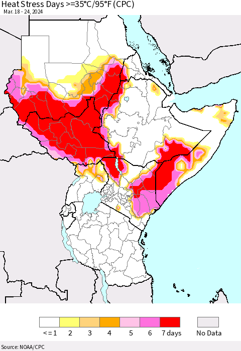 Eastern Africa Heat Stress Days >=35°C/95°F (CPC) Thematic Map For 3/18/2024 - 3/24/2024