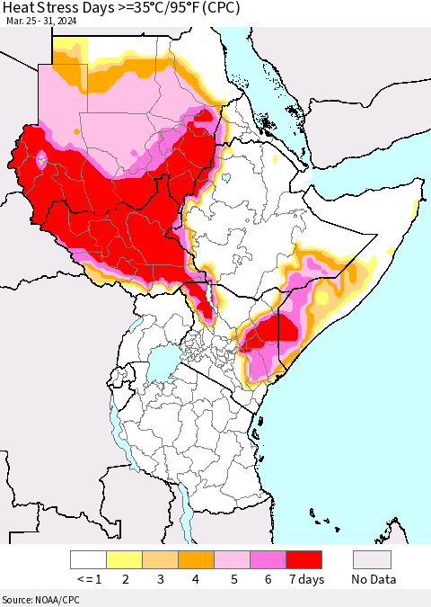Eastern Africa Heat Stress Days >=35°C/95°F (CPC) Thematic Map For 3/25/2024 - 3/31/2024