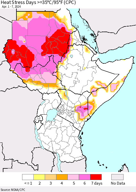 Eastern Africa Heat Stress Days >=35°C/95°F (CPC) Thematic Map For 4/1/2024 - 4/7/2024