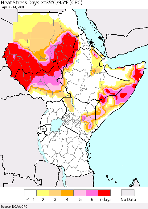 Eastern Africa Heat Stress Days >=35°C/95°F (CPC) Thematic Map For 4/8/2024 - 4/14/2024