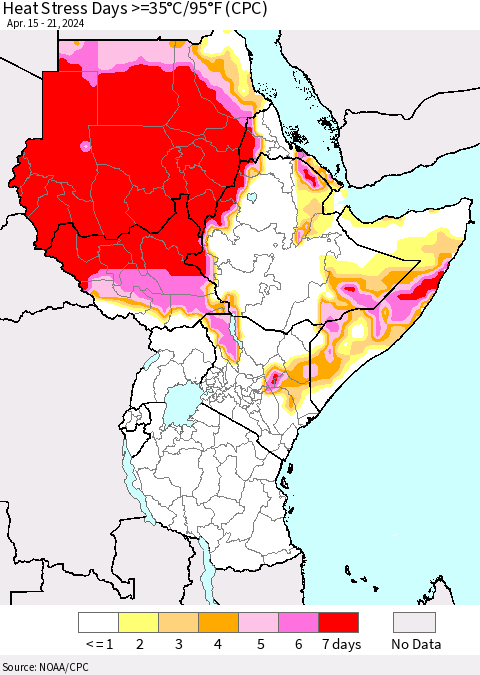 Eastern Africa Heat Stress Days >=35°C/95°F (CPC) Thematic Map For 4/15/2024 - 4/21/2024