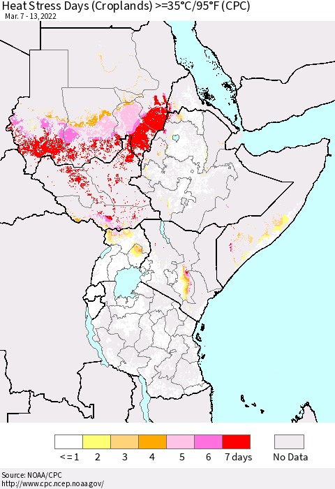 Eastern Africa Heat Stress Days (Croplands) >=35°C/95°F (CPC) Thematic Map For 3/7/2022 - 3/13/2022