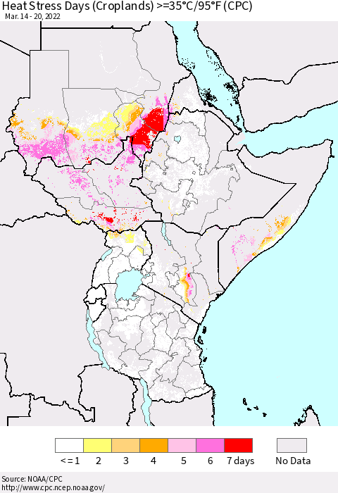 Eastern Africa Heat Stress Days (Croplands) >=35°C/95°F (CPC) Thematic Map For 3/14/2022 - 3/20/2022