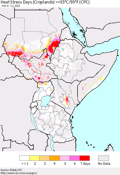Eastern Africa Heat Stress Days (Croplands) >=35°C/95°F (CPC) Thematic Map For 2/6/2023 - 2/12/2023