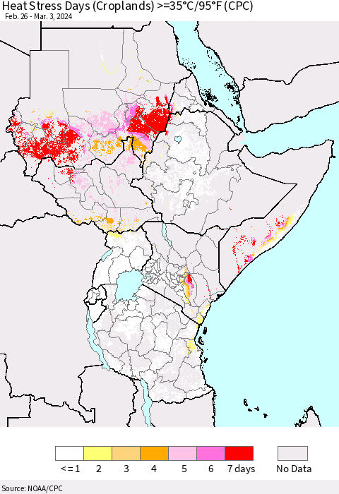 Eastern Africa Heat Stress Days (Croplands) >=35°C/95°F (CPC) Thematic Map For 2/26/2024 - 3/3/2024