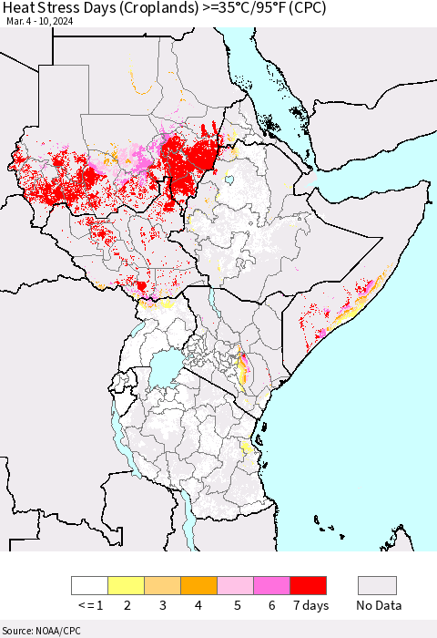 Eastern Africa Heat Stress Days (Croplands) >=35°C/95°F (CPC) Thematic Map For 3/4/2024 - 3/10/2024