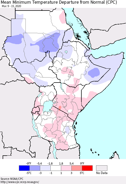 Eastern Africa Mean Minimum Temperature Departure from Normal (CPC) Thematic Map For 3/9/2020 - 3/15/2020