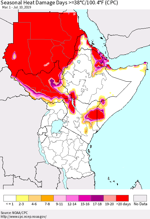 Eastern Africa Seasonal Heat Damage Days >=38°C/100°F (CPC) Thematic Map For 3/1/2019 - 7/10/2019