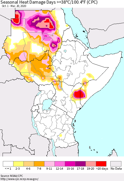 Eastern Africa Seasonal Heat Damage Days >=38°C/100°F (CPC) Thematic Map For 10/1/2019 - 3/20/2020