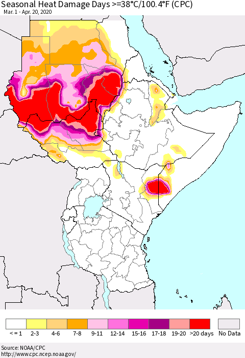 Eastern Africa Seasonal Heat Damage Days >=38°C/100°F (CPC) Thematic Map For 3/1/2020 - 4/20/2020
