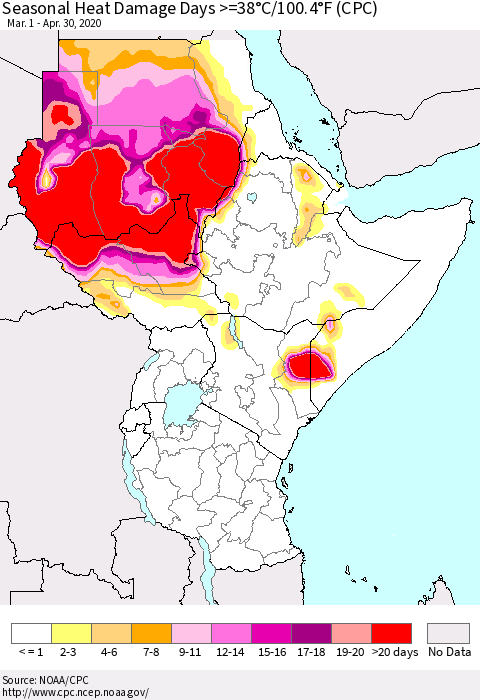 Eastern Africa Seasonal Heat Damage Days >=38°C/100°F (CPC) Thematic Map For 3/1/2020 - 4/30/2020