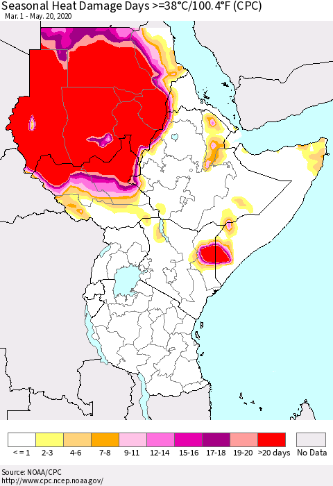 Eastern Africa Seasonal Heat Damage Days >=38°C/100°F (CPC) Thematic Map For 3/1/2020 - 5/20/2020