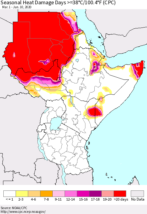 Eastern Africa Seasonal Heat Damage Days >=38°C/100°F (CPC) Thematic Map For 3/1/2020 - 6/10/2020