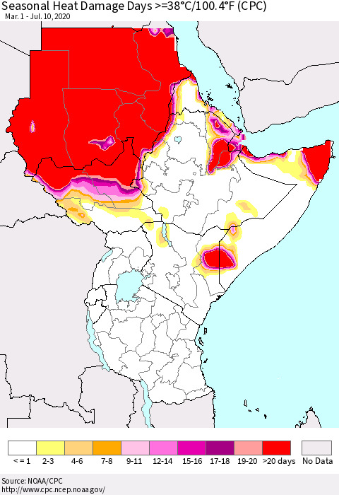 Eastern Africa Seasonal Heat Damage Days >=38°C/100°F (CPC) Thematic Map For 3/1/2020 - 7/10/2020