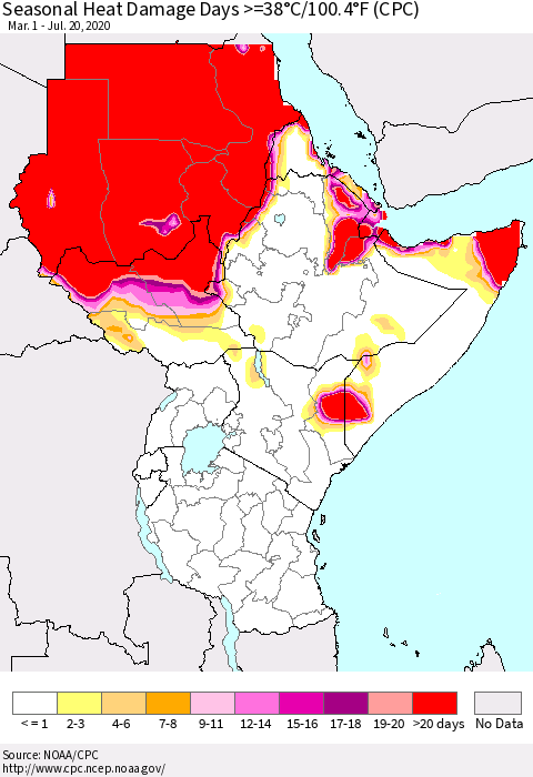 Eastern Africa Seasonal Heat Damage Days >=38°C/100°F (CPC) Thematic Map For 3/1/2020 - 7/20/2020