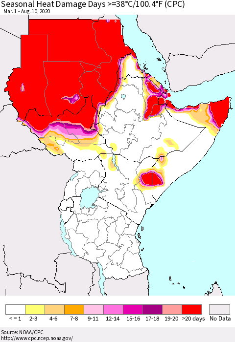 Eastern Africa Seasonal Heat Damage Days >=38°C/100°F (CPC) Thematic Map For 3/1/2020 - 8/10/2020