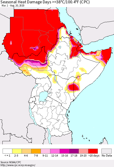Eastern Africa Seasonal Heat Damage Days >=38°C/100°F (CPC) Thematic Map For 3/1/2020 - 8/20/2020