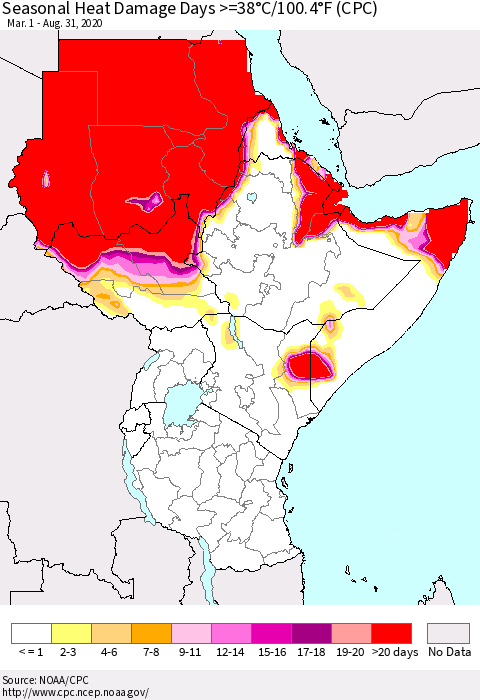 Eastern Africa Seasonal Heat Damage Days >=38°C/100°F (CPC) Thematic Map For 3/1/2020 - 8/31/2020