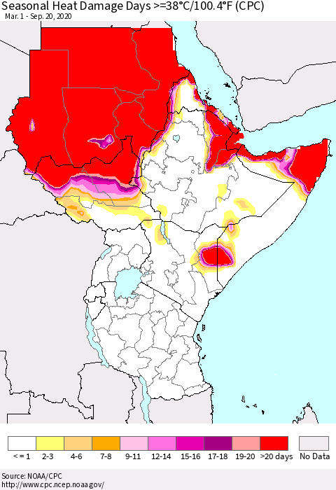 Eastern Africa Seasonal Heat Damage Days >=38°C/100°F (CPC) Thematic Map For 3/1/2020 - 9/20/2020