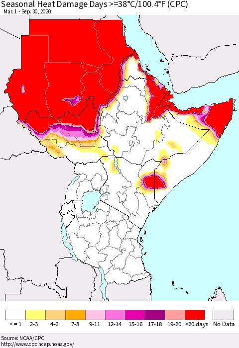 Eastern Africa Seasonal Heat Damage Days >=38°C/100°F (CPC) Thematic Map For 3/1/2020 - 9/30/2020