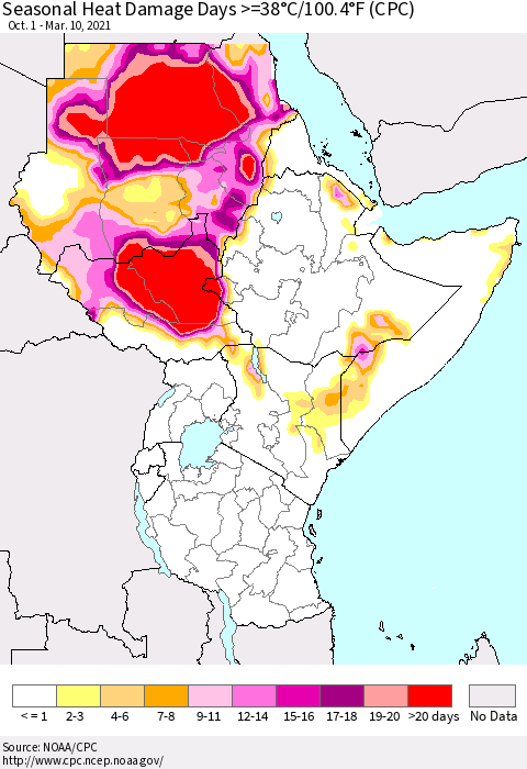 Eastern Africa Seasonal Heat Damage Days >=38°C/100°F (CPC) Thematic Map For 10/1/2020 - 3/10/2021