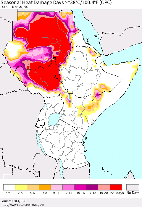 Eastern Africa Seasonal Heat Damage Days >=38°C/100°F (CPC) Thematic Map For 10/1/2020 - 3/20/2021