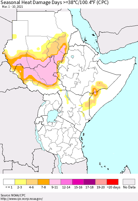 Eastern Africa Seasonal Heat Damage Days >=38°C/100°F (CPC) Thematic Map For 3/1/2021 - 3/10/2021