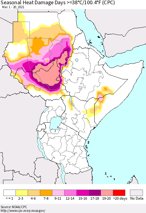 Eastern Africa Seasonal Heat Damage Days >=38°C/100°F (CPC) Thematic Map For 3/1/2021 - 3/20/2021