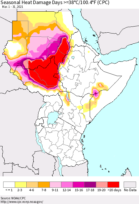 Eastern Africa Seasonal Heat Damage Days >=38°C/100°F (CPC) Thematic Map For 3/1/2021 - 3/31/2021