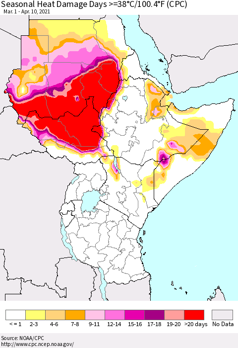 Eastern Africa Seasonal Heat Damage Days >=38°C/100°F (CPC) Thematic Map For 3/1/2021 - 4/10/2021