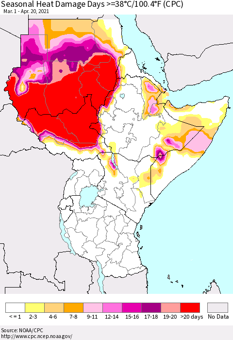 Eastern Africa Seasonal Heat Damage Days >=38°C/100°F (CPC) Thematic Map For 3/1/2021 - 4/20/2021