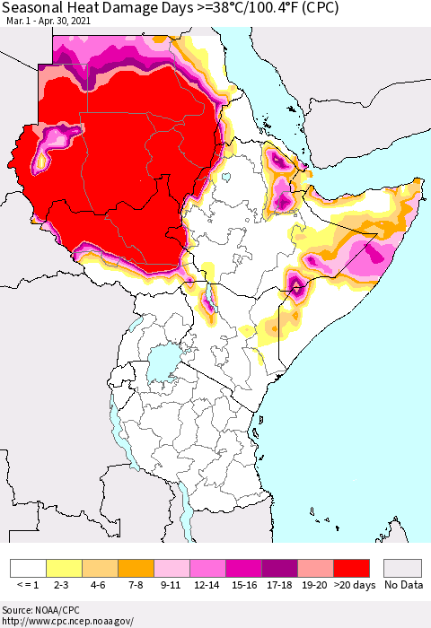 Eastern Africa Seasonal Heat Damage Days >=38°C/100°F (CPC) Thematic Map For 3/1/2021 - 4/30/2021