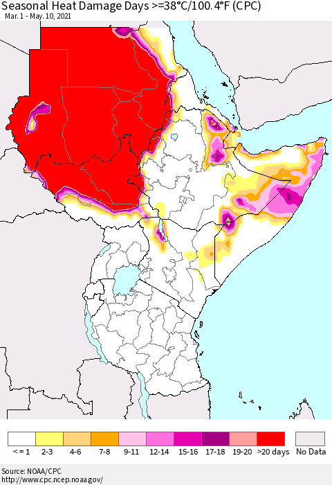 Eastern Africa Seasonal Heat Damage Days >=38°C/100°F (CPC) Thematic Map For 3/1/2021 - 5/10/2021